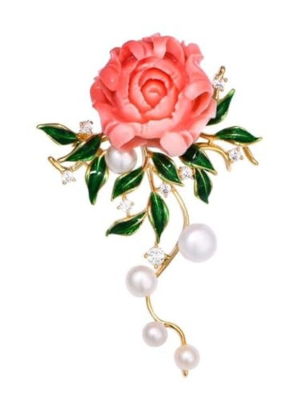 New- Red Resin Peony Flower Pin with Green Enamel Leaves, Elegant Pearl Accent